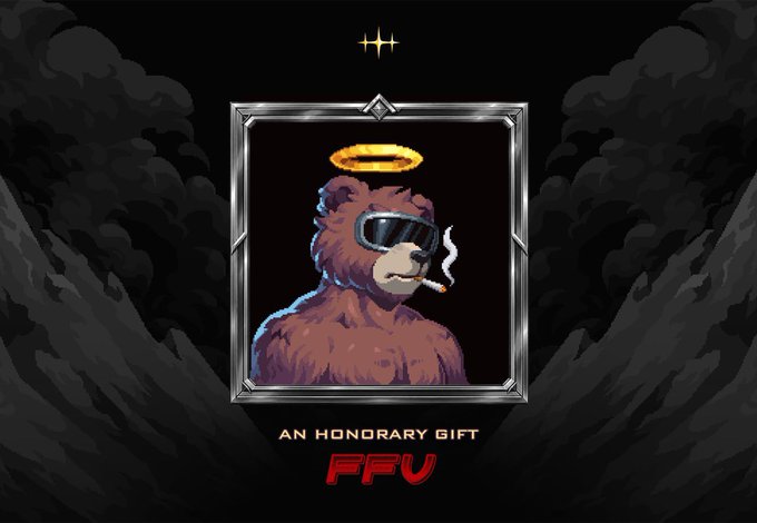 A pixel-art bear wearing sunglasses with a halo and smoking a cigarette is displayed in a silver frame, with the text "AN HONORARY GIFT" and "FFU" beneath it, representing a special honorary NFT reward mentioned in the post.