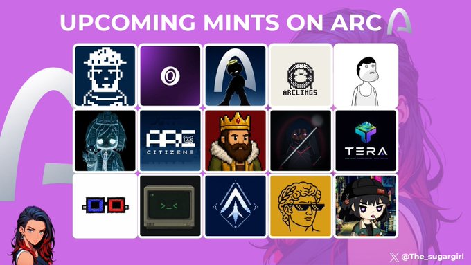 The image displays a promotional graphic titled "UPCOMING MINTS ON ARC" featuring a grid of 15 NFT project logos, including recognizable names like Citizens (PFP Citizens), Kulture, TERA, and Rage, set against a purple background with anime-style characters on the sides. The graphic complements the post's announcement about Arc going live on Wednesday, 16th September, showcasing the various NFT collections that will be minting on the platform.