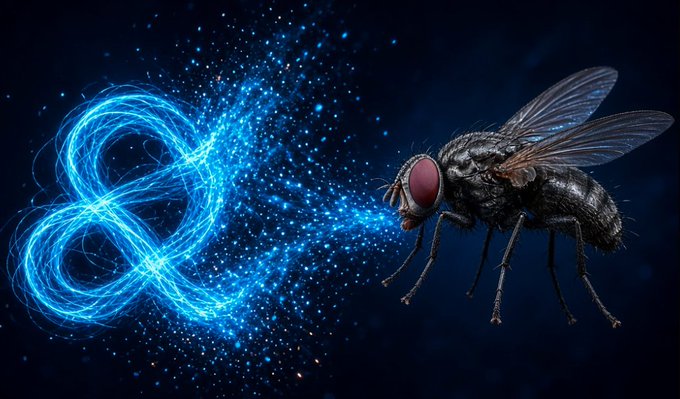 A detailed illustration of a fly with glowing blue energy trails forming a knot-like pattern emerging from its mouth against a dark cosmic background.