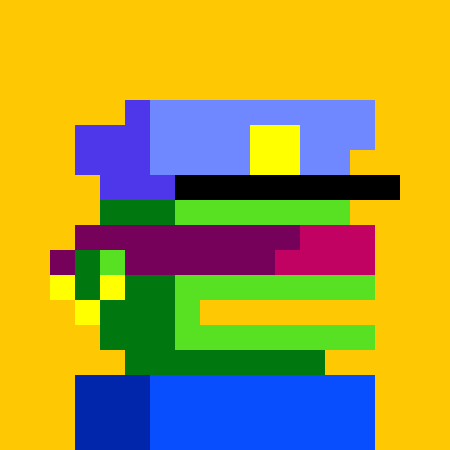A pixel art image featuring a colorful, abstract figure made of green, purple, blue, and yellow blocks against a solid yellow background.