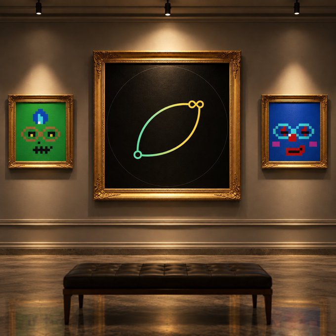 An art gallery scene with three framed artworks: two pixel-art faces flanking a central minimalist line design.