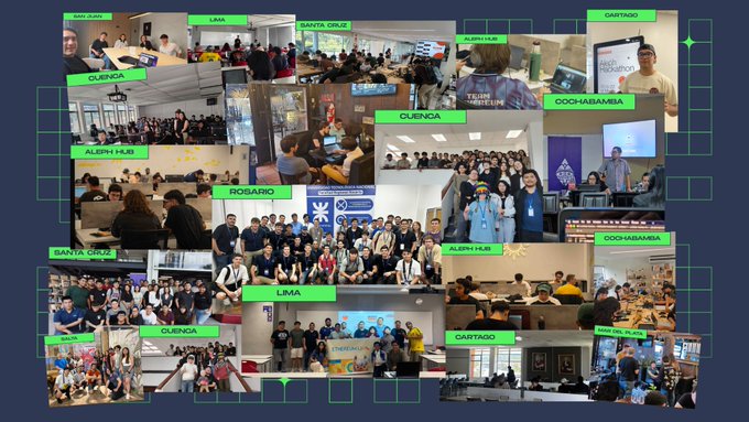 A collage of multiple photos showing groups of people at various meetup locations including Santa Cruz, Lima, Cuenca, Alphen Hub, Cartagena, Cochabamba, and Rosario.