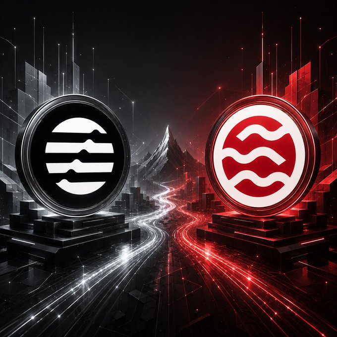 A digital artwork depicts two glowing circular logos—one black and white with horizontal wavy lines, the other red and white with similar wavy lines—facing each other above a futuristic cityscape with light trails.