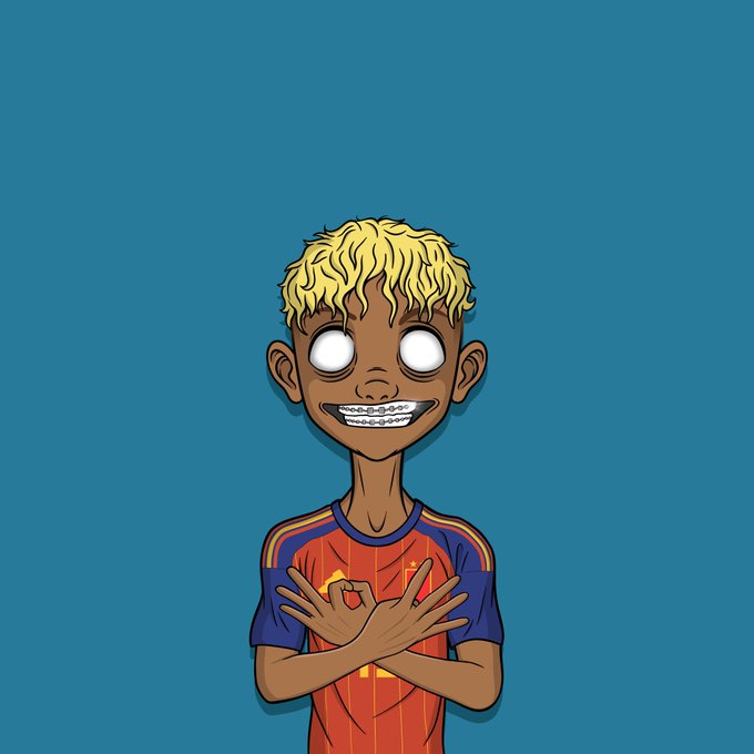 A cartoon illustration of a blonde boy with braces, blank white eyes, wearing an orange and purple sports jersey, with his hands crossed over his chest.