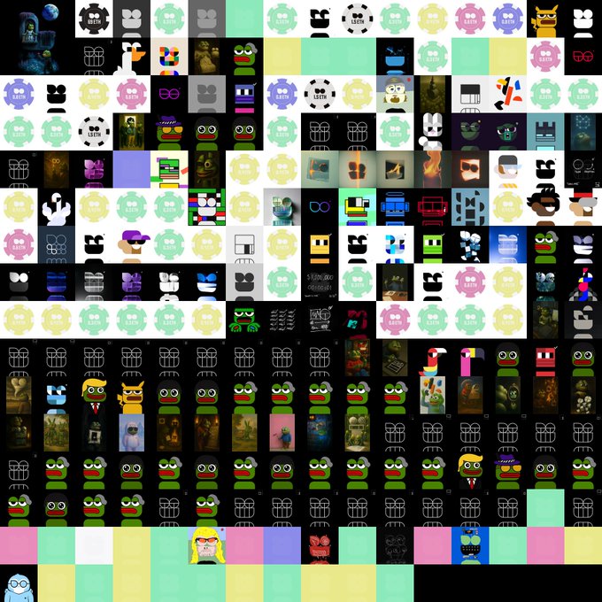 A complex pixel art image containing a repeating grid of various cartoon faces, characters, and objects, including frogs, robots, and geometric shapes.