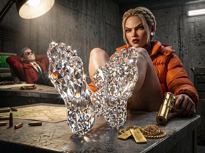 An AI-generated image of a blonde woman in an orange puffer jacket holding a gold pistol next to crystal boots, with a man in the background, gold bars, and bullets on a table.