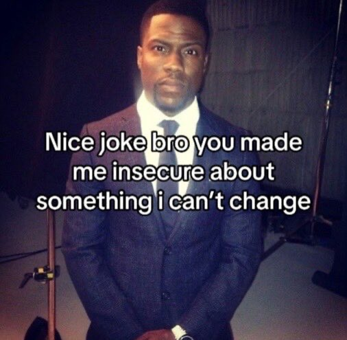 A meme featuring comedian Kevin Hart in a suit with text reading 'Nice joke bro you made me insecure about something i can't change'.