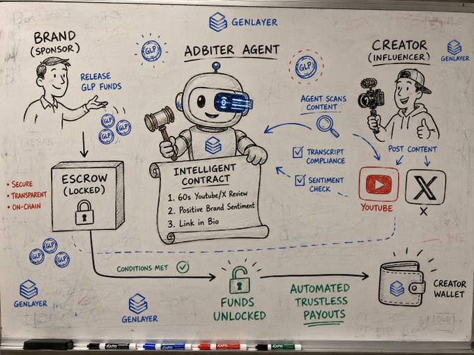 Whiteboard diagram illustrating the GenLayer brand-creator ecosystem, featuring an "Arbiter Agent" with an AI gavel, an intelligent contract, GLP token escrow, and automated trustless payouts to creator wallets via YouTube and X posts.