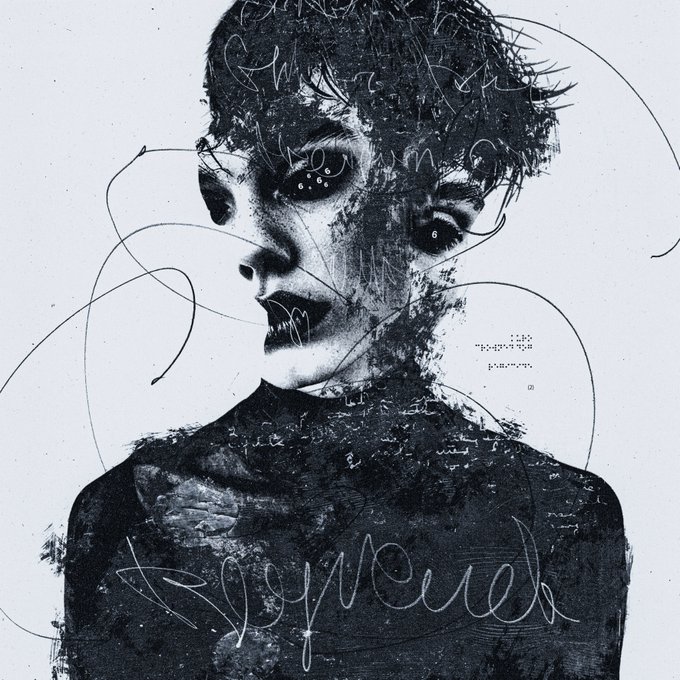 A glitchy black-and-white portrait features a pale figure with wide eyes, overlaid with faint script including the word 'grieved' across the chest.