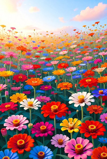 A vibrant, stylized illustration of a dense field of colorful flowers in shades of red, orange, pink, blue, white, and yellow under a soft sky at sunset or sunrise.