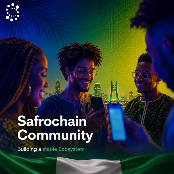 A promotional graphic for 'Safrochain Community' featuring people looking at phones with a colorful Lagos skyline background and the tagline 'Building a stable Ecosystem'.
