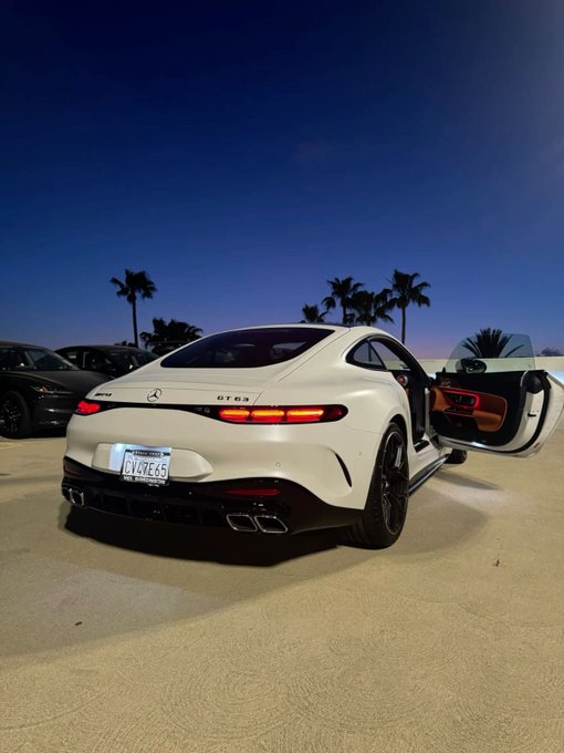 A white Mercedes-AMG GT 63 coupe with its driver's door open, parked near a beach at dusk with palm trees silhouetted against a deep blue sky.