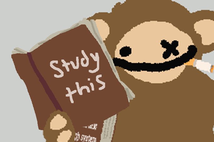 A pixel-art illustration of a brown bear wearing headphones and a cigarette, holding a brown book labeled 'Study this'.