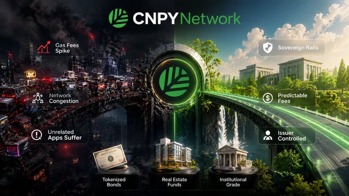 Promotional graphic for 'CNPY Network' contrasting a chaotic cityscape on the left (labeled 'Gas Fees Spike', 'Network Congestion', 'Unrelated Apps Suffer') with a serene classical setting on the right (labeled 'Sovereign Rails', 'Predictable Fees', 'Issuer Controlled'), highlighting features like Tokenized Bonds, Real Estate Funds, and Institutional Grade.