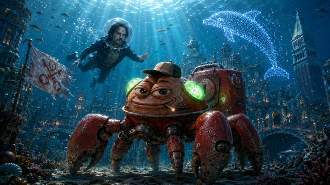 The image features a red crab, possibly a Tachimorpha or a lobster, swimming underwater surrounded by coral reefs and fish. The background of the image shows a cityscape with buildings and a bridge, creating an underwater city scene. A man in a wetsuit is seen floating above the crab, while another man wearing a hat is also present in the scene.