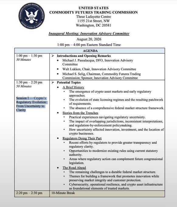 An agenda document for the United States Commodity Futures Trading Commission (CFTC) Innovation Advisory Committee inaugural meeting on August 20, 2026, covering crypto regulatory evolution topics.