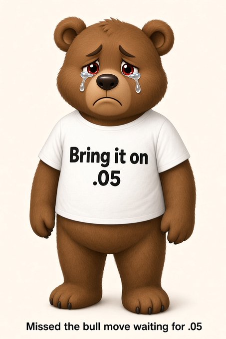 A sad, crying brown cartoon bear wearing a white t-shirt reading "Bring it on .05" stands with downturned eyes and a frown, while text below reads "Missed the bull move waiting for .05"—reflecting a crypto trader's regret for not acting sooner on HBAR as it surged past the $0.05 target price.