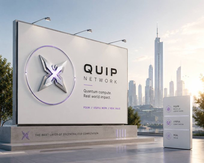 A futuristic billboard advertises 'QUIP NETWORK' with the tagline 'Quantum compute. Real world impact.' and 'THE NEXT LAYER OF DECENTRALIZED COMPUTATION' against a city skyline.