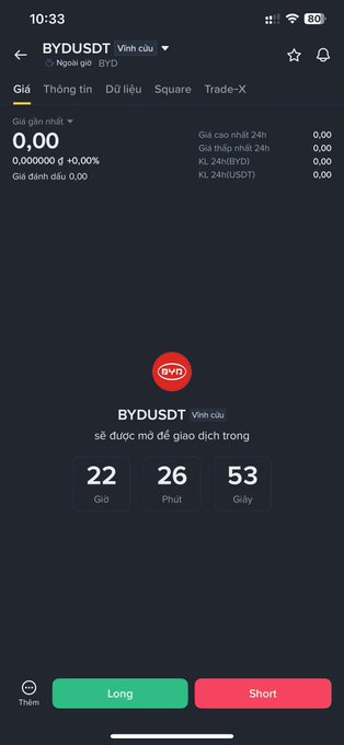 A trading app screen showing the BYDUSDT pair scheduled to start trading in 22 hours, 26 minutes, and 53 seconds, with Long and Short buttons at the bottom.