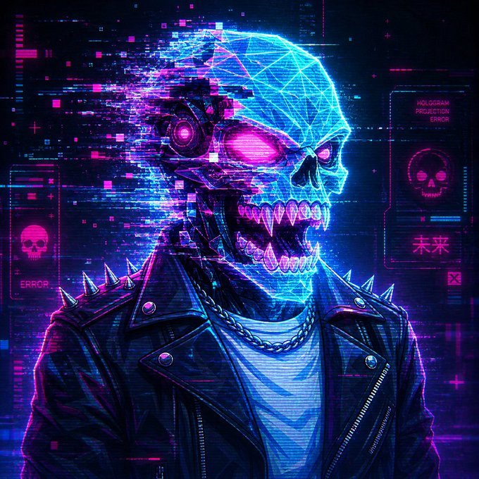 A digital artwork depicts a glowing neon skull in blue and pink with a spiked leather jacket, surrounded by glitch effects and HUD elements including 'HOLOGRAM PROJECTION ERROR' and '未来'.