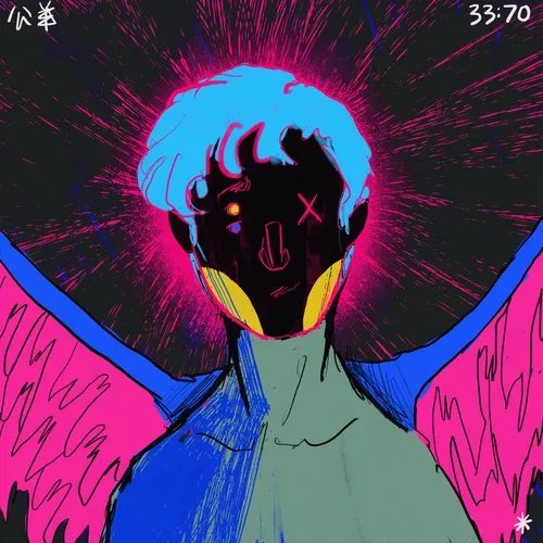 A stylized digital illustration depicts a figure with blue hair, a dark face with X-shaped eyes, pink wings, and a green torso against a black background.