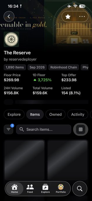A mobile app screen displays an NFT collection called 'The Reserve' on Robinhood Chain, showing a floor price of $269.98 and 1,890 items.