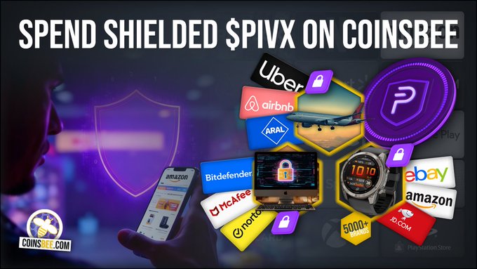 The image features a person holding up their phone with a shield over it, displaying various logos and text related to spending money online. The main focus of the image is the person's phone screen, which shows multiple apps and logos associated with online payment methods such as Pivx Shielded PIVX Access 5,000+ global brands No tracks left behind Your coins!. This post promotes the idea that privacy isn't an option; it's a human right.