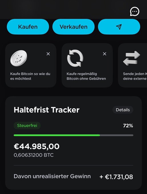 A German-language cryptocurrency trading app screenshot showing a "Haltefrist Tracker" (holding period tracker) displaying €44,985.00 (0.00631200 BTC) at 72% tax-free status, with €1,731.08 unrealized profit, alongside options to buy, sell, and transfer Bitcoin. The image illustrates the type of tax deadline tracking feature the post announces is "coming soon."