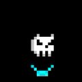 A small pixel art image showing a simple white skull-like figure above a teal curved shape on a black background.