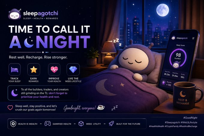 A promotional graphic for 'sleepagotchi' titled 'TIME TO CALL IT A NIGHT' featuring a cute character sleeping in bed next to a phone displaying a sleep score of 98. It includes hashtags like #Web3Lifestyle and #GoodNight.