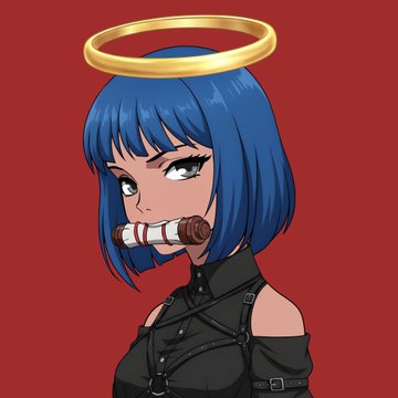 The image shows a stylized anime character with blue hair, a golden halo, and a cigar in her mouth, wearing a black outfit, likely representing a Shiki Studios NFT collection. The post is promoting the Shiki Studios NFT collection, with the image serving as artwork for the upcoming release linked on OpenSea.