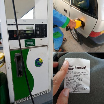 A collage of three photos: a green and white gasoline pump, a person in blue and green clothing fueling a car, and a hand holding a printed fuel receipt from 'YAPSYS'.