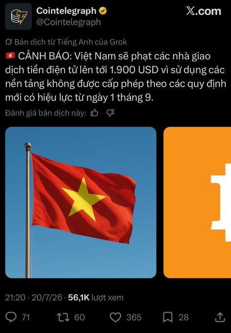 Cointelegraph tweet in Vietnamese warning that Vietnam will fine cryptocurrency exchanges up to $1,900 USD and ban unlicensed platforms starting September 1st, accompanied by the Vietnamese flag.
