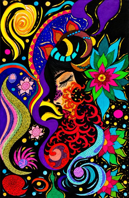 A vibrant psychedelic artwork featuring a woman's profile surrounded by colorful swirling patterns, flowers, and decorative elements in bold colors of purple, yellow, red, and turquoise.