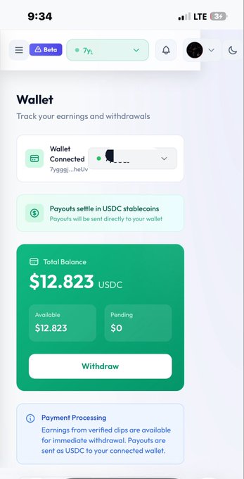 The image shows a phone screen displaying information about a payment processing app called USDC. The app allows users to earn money by creating content, such as videos or articles, and then receiving payouts from viewers who have watched or read their work. The app also provides a summary of the total balance available for use, along with details on how to process payments and receive USDC payouts.