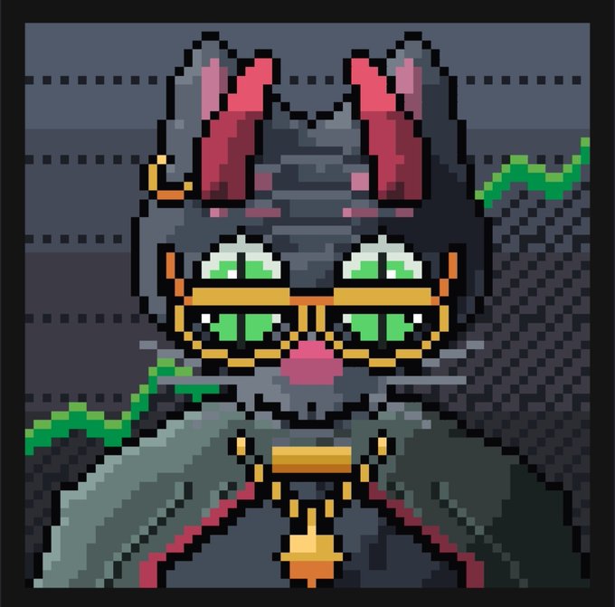 A pixel art image of a gray cat character with pink-tipped ears, wearing yellow-rimmed green glasses and a pendant, set against a dark background with a green line graph.