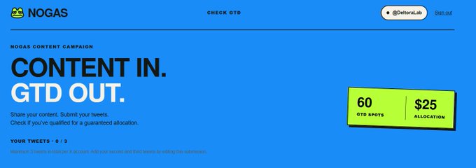 A blue “NOGAS” landing page promotes an “GTD CONTENT CAMPAIGN” with the headline “CONTENT IN. GTD OUT.” and a green box showing “60 GTD SPOTS” and “$25 ALLOCATION.”