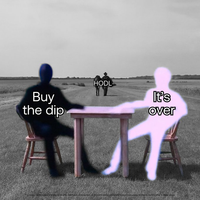 Two faceless figures sit across from each other at a table in an open field — one labeled "Buy the dip" in dark blue, the other "It's over" in light pink — while a distant figure labeled "HODL" calmly walks toward them, embodying the post's message of patiently holding steady amid opposing market anxieties.