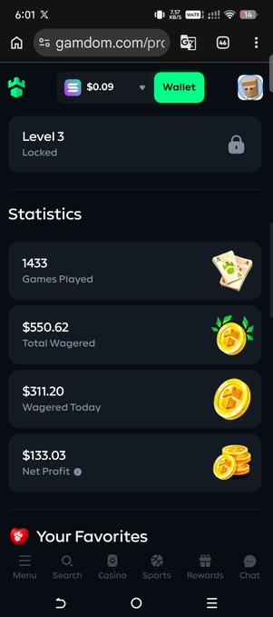 A Gamdom.com profile shows Level 3 status with statistics including 1433 games played, $550.62 total wagered, $311.20 wagered today, and $133.03 net profit.