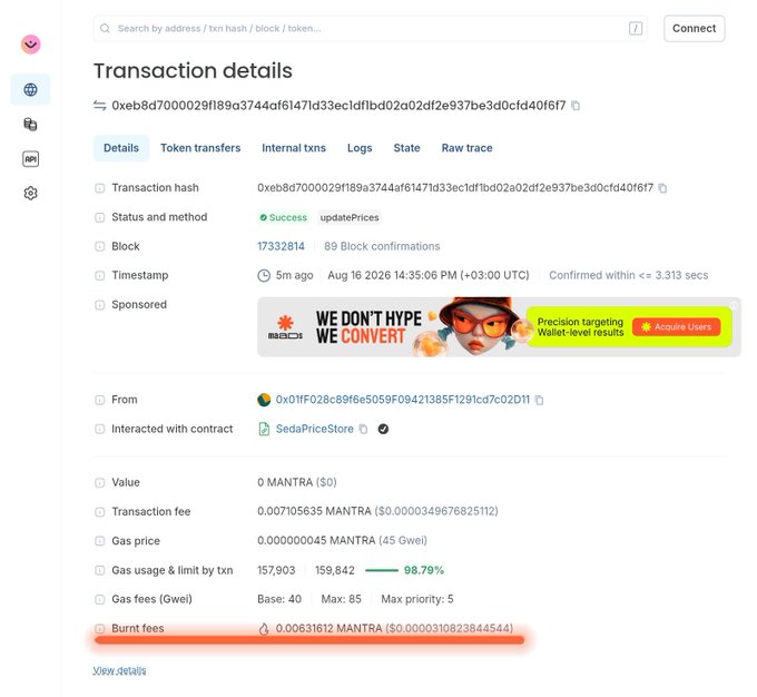 A blockchain transaction details page showing a successful updatePrices transaction on a MANTRA network, with details including block 17332814, timestamp Aug 16 2026 14:35:06 PM, and a highlighted 'Burnt fees' of 0.00631612 MANTRA at the bottom.