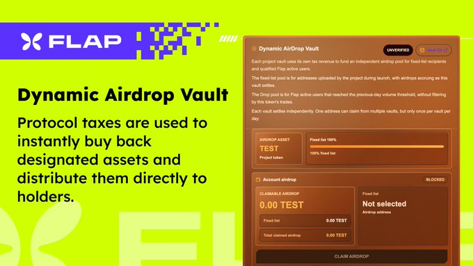 A promotional graphic for FLAP's Dynamic Airdrop Vault, featuring the FLAP logo on a bright green background alongside an interface mockup showing a "Dynamic AirDrop Vault" panel with details like "AIRDROP ASSET: TEST" at 100% fixed list, a claimable airdrop balance of "0.00 TEST", and a "CLAIM AIRDROP" button, which illustrates the automated community rewards system described in the accompanying post.
