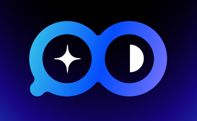 A logo featuring blue infinity-like glasses or goggles on a dark gradient background, with a four-pointed star in the left lens and a crescent shape in the right lens.