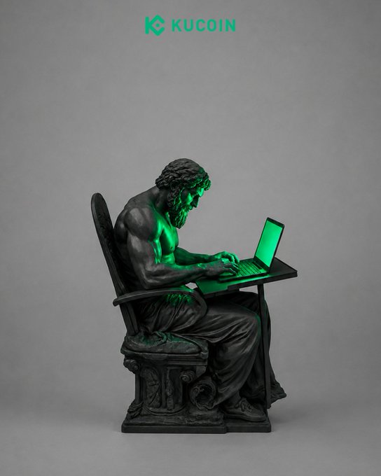 A bronze statue of "The Thinker" sits in an ornate chair typing intently on a glowing green laptop, with the "KUCOIN" logo displayed at the top—reimagining Rodin's classic sculpture as a modern crypto trader immersed in Web3 activity. The eerie green screen light on his contemplative face reinforces the post's theme of classical intellect upgraded for the digital age.