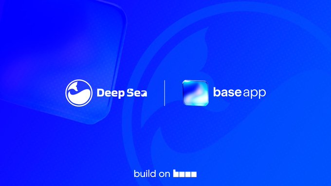 A promotional graphic on a blue background displays the logos of "DeepSea" and "base app" side by side, with "build on base" text at the bottom, visually announcing the integration of DeepSea's whale tracking and onchain intelligence tools into the Base ecosystem.