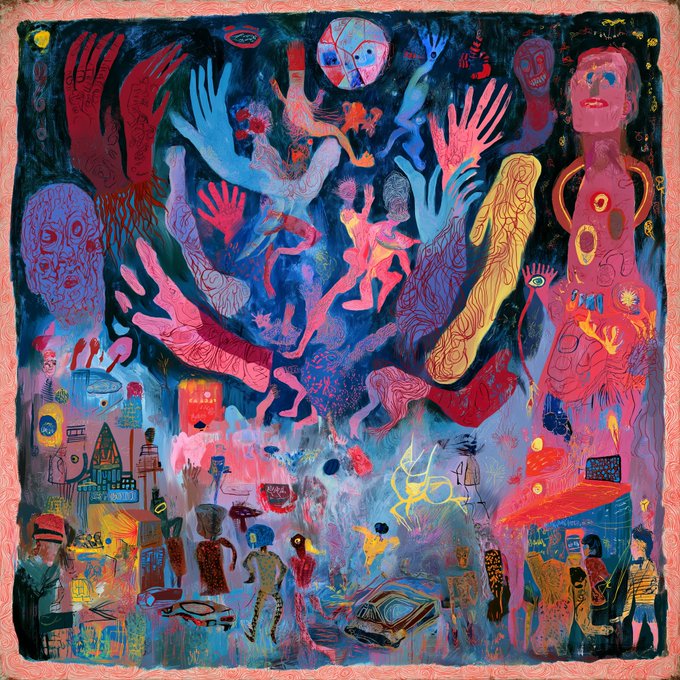 A vibrant, surreal painting filled with floating colorful hands, distorted faces, dancing figures, and abstract elements against a deep blue and pink background.