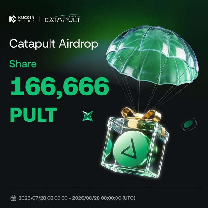 An advertisement for a 'Catapult Airdrop' from KuCoin Web3 shows a 3D green parachute dropping a gift box, offering to share '166,666 PULT' tokens.
