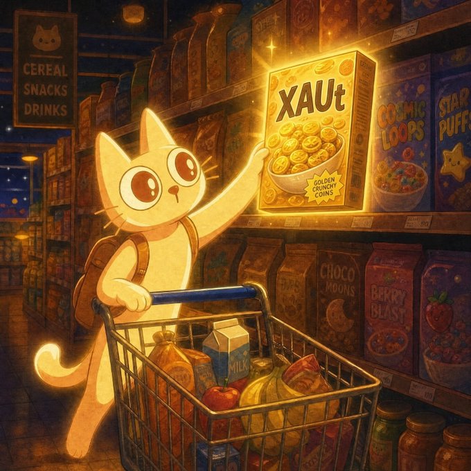 An illustration of a cartoon cat pushing a shopping cart in a grocery store aisle, reaching for a glowing 'XAut Golden Crunchy Coins' cereal box.