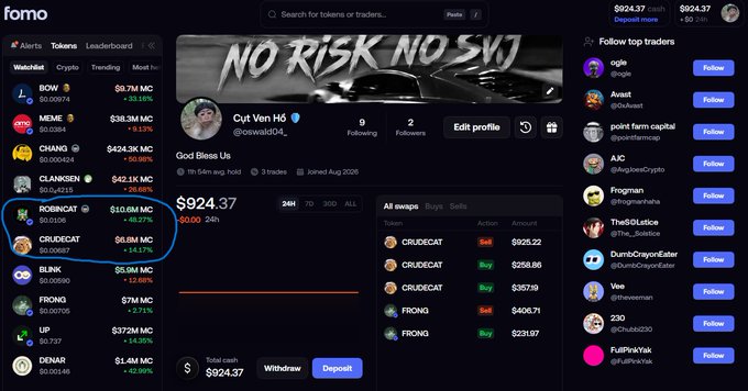Screenshot of the 'fomo' crypto trading platform showing a user profile 'Cyt Ven H6' with a balance of $924.37, a watchlist featuring tokens like BOW, MEME, CHANG, CLANKSE, RODNIAQ, and CRUDECAT, and a banner reading 'NO RISK NO SKI'.