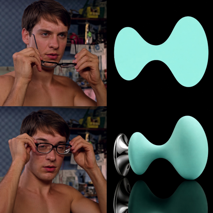 A collage features a shirtless young man putting on glasses in two frames alongside close-up images of a teal, bone-shaped silicone device with a metallic suction base.
