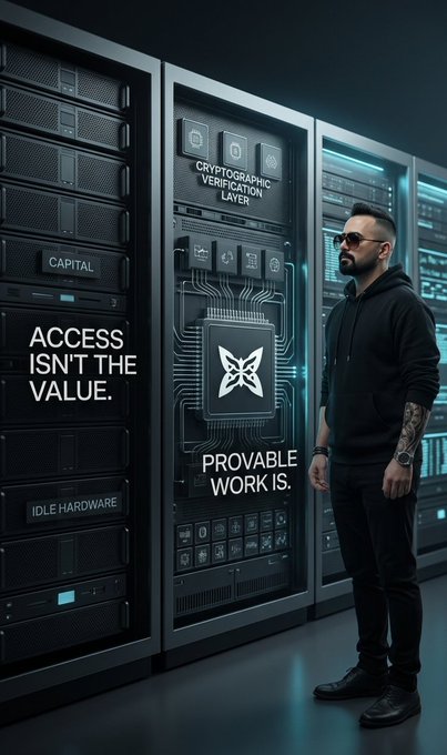 A man in a black hoodie and sunglasses stands in a sleek server room beside a rack of hardware displaying a circuit-board logo for "QUIPNETWORK," with overlaid text reading "ACCESS ISN'T THE VALUE," "CAPITAL," "CRYPTOGRAPHIC VERIFICATION LAYER," "PROVABLE WORK IS," and "IDLE HARDWARE." The image visually reinforces the post's message by contrasting passive capital and mere access with the concept of provable, useful work performed by active hardware—aligning with QuipNetwork's model where the key is enabling productive work rather than restricting participation through licenses or locked-up capital.